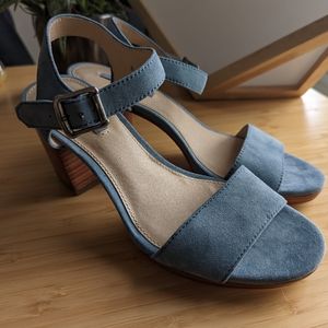 Frye Blake Blue Suede Stacked Sandal Heels 7
